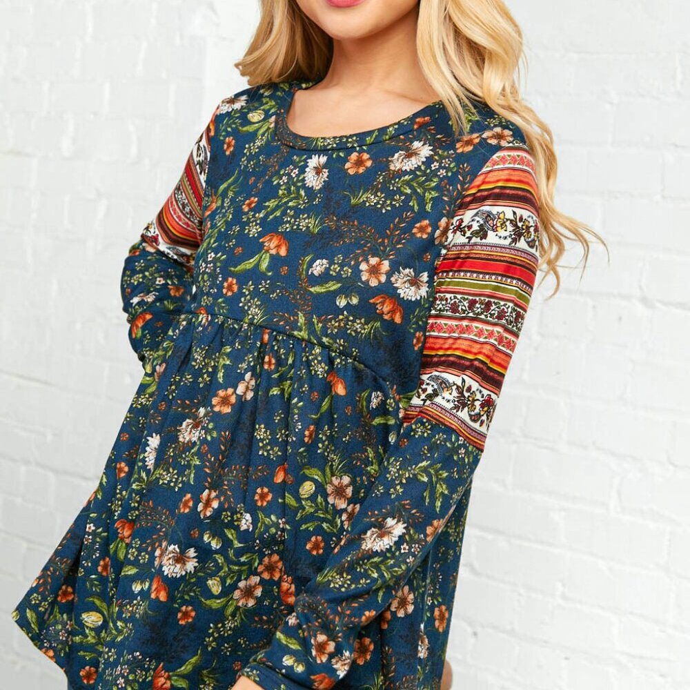 Navy Floral Hacci Babydoll Unique Sleeve Top